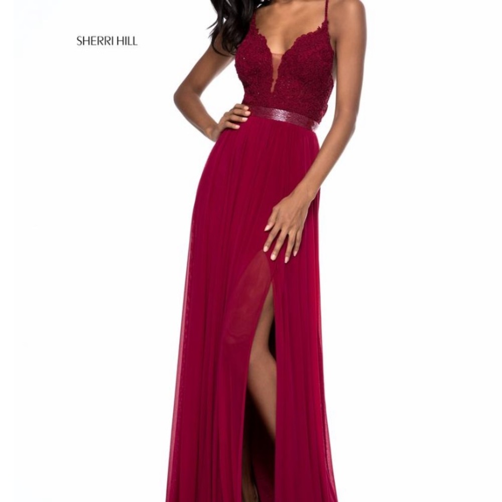 Sherri Hill Burgundy Red Lace Prom Dress